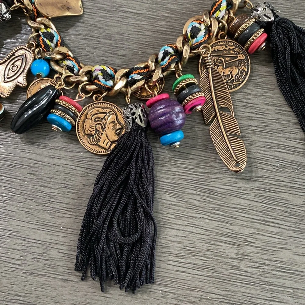 Mudd Braided Gold Tone Chain Love Peace Happiness Charm Necklace NWT